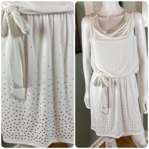 White House Black Market White Draped Studded Mini Dress Small S Belted WHBM